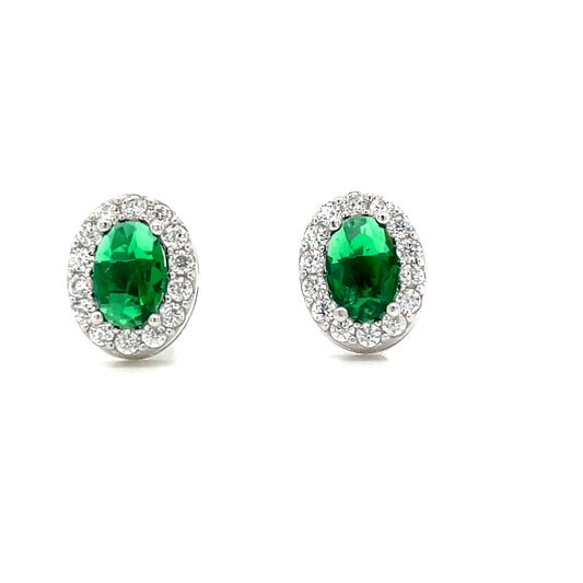 Sterling Silver Green and White CZ Cluster Stud Earrings