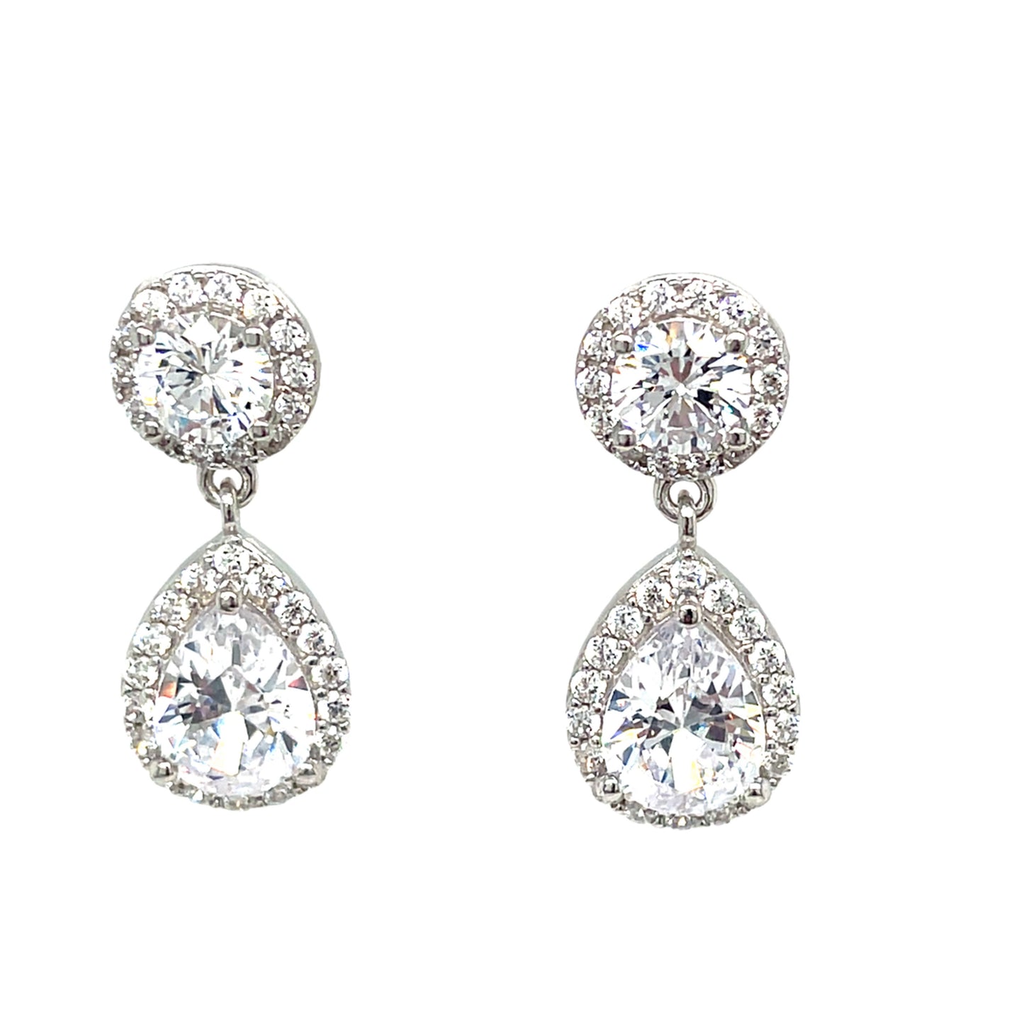 Sterling Silver Round and Pear CZ Cluster Drop Earrings