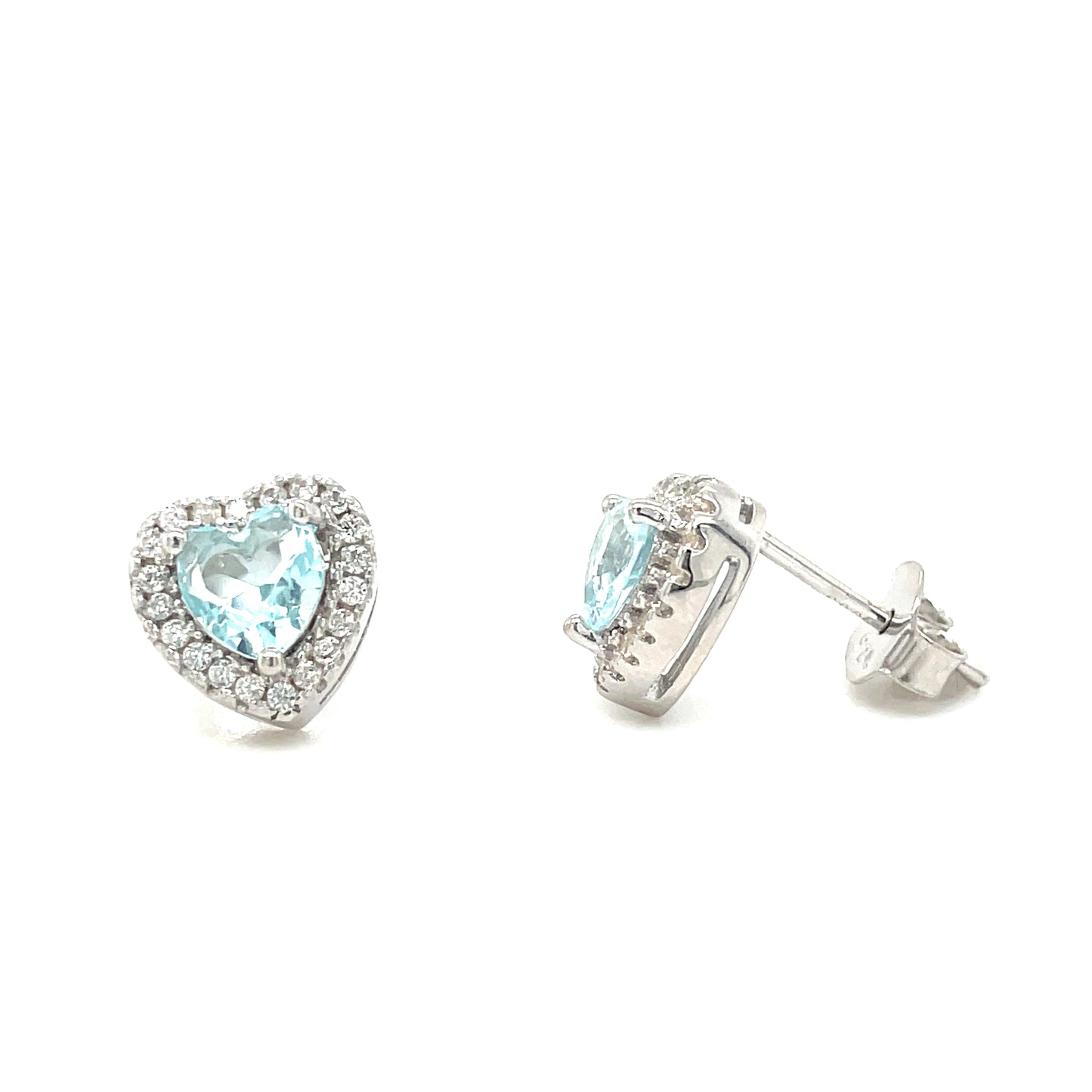 Sterling Silver Blue CZ Heart Halo Stud Earrings