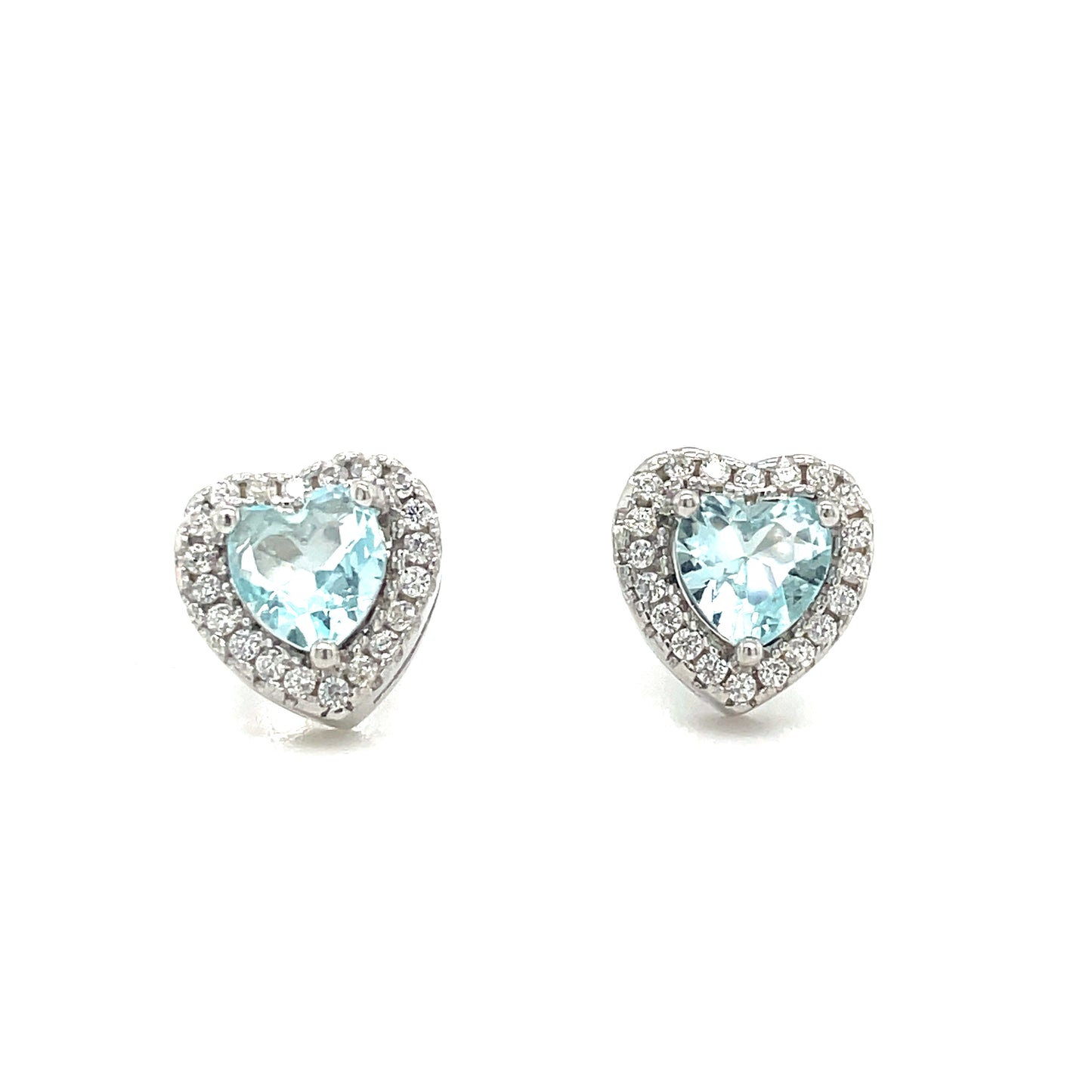 Sterling Silver Blue CZ Heart Halo Stud Earrings