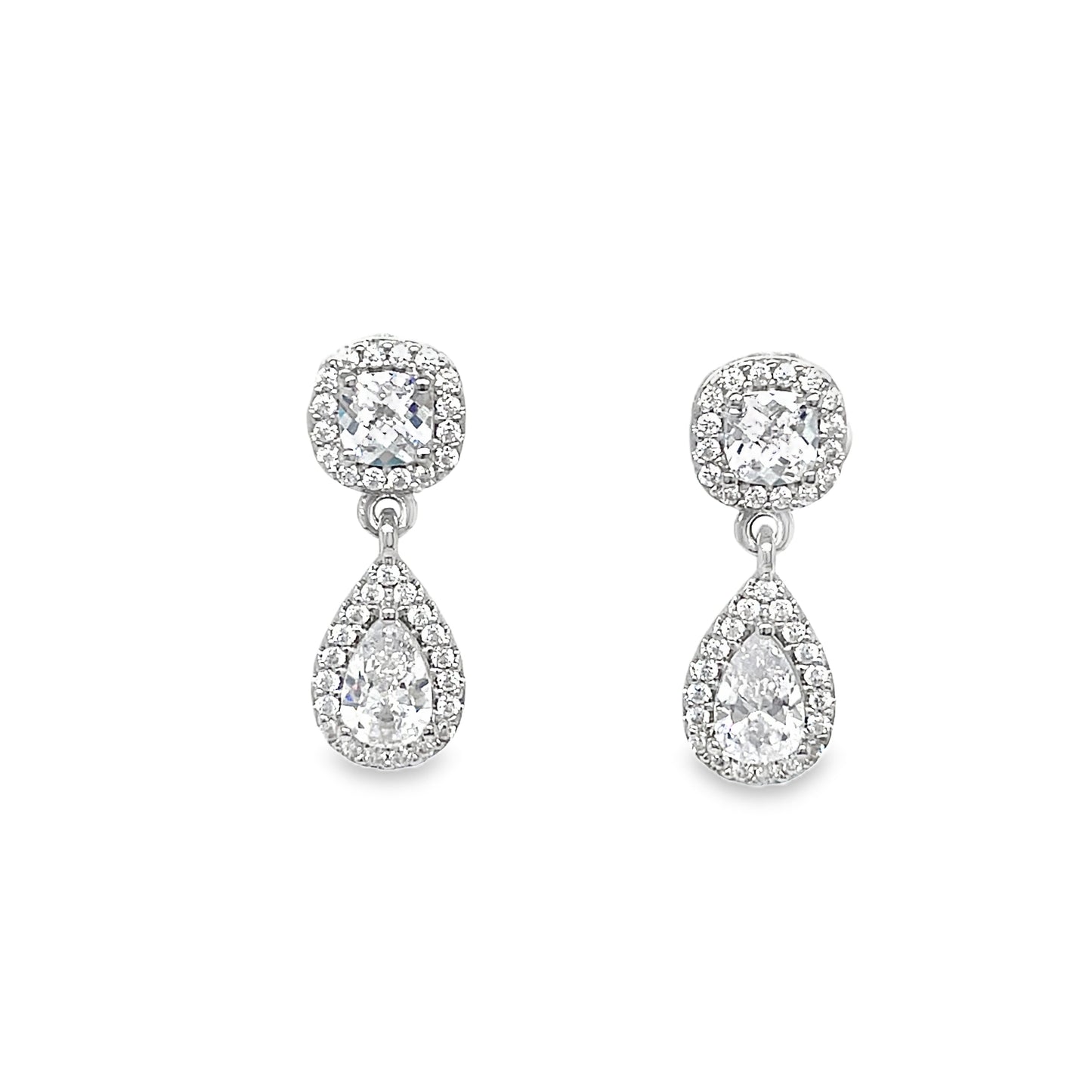 Sterling Silver Cushion and Pear CZ Cluster Drop Earrings