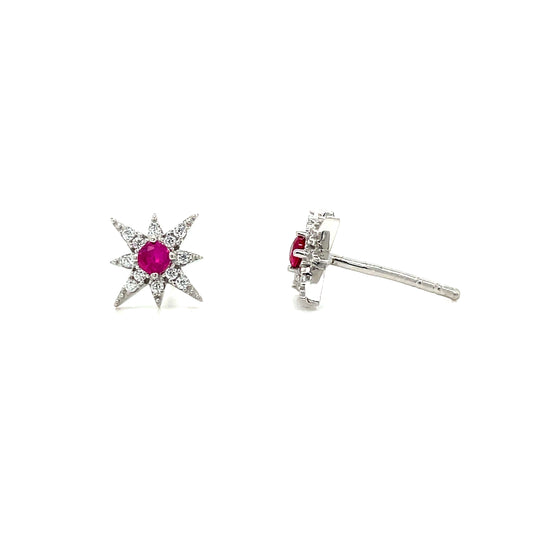 Sterling Silver CZ North Star Earrings with Red CZ Centre