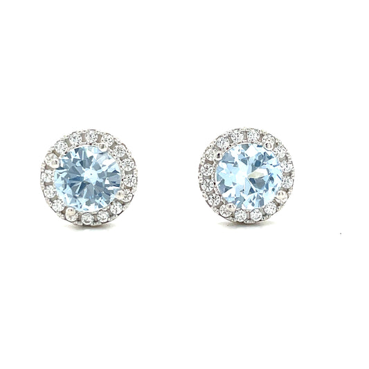 Sterling Silver Round Blue and White CZ Cluster Earrings