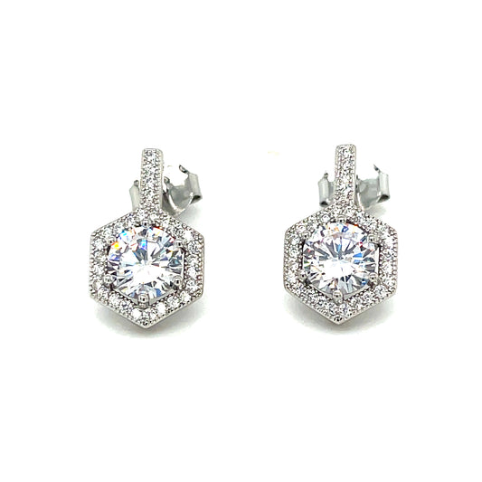 Sterling Silver Round CZ Octagonal Halo Drop Earring