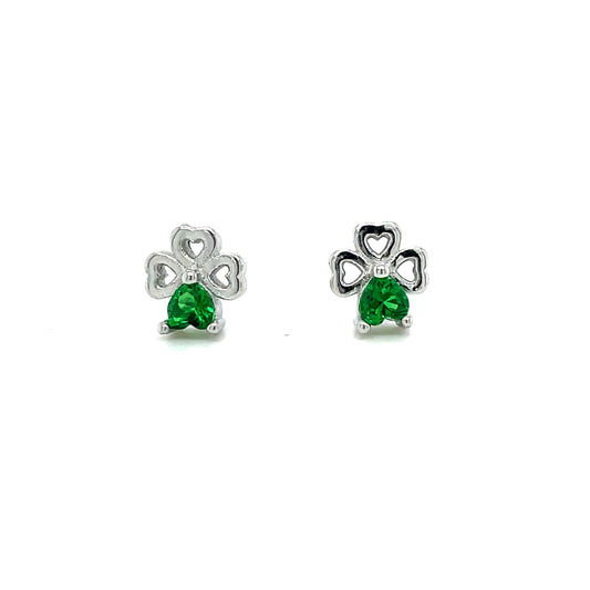 Sterling Silver Green CZ Four Leaf Clover Earring