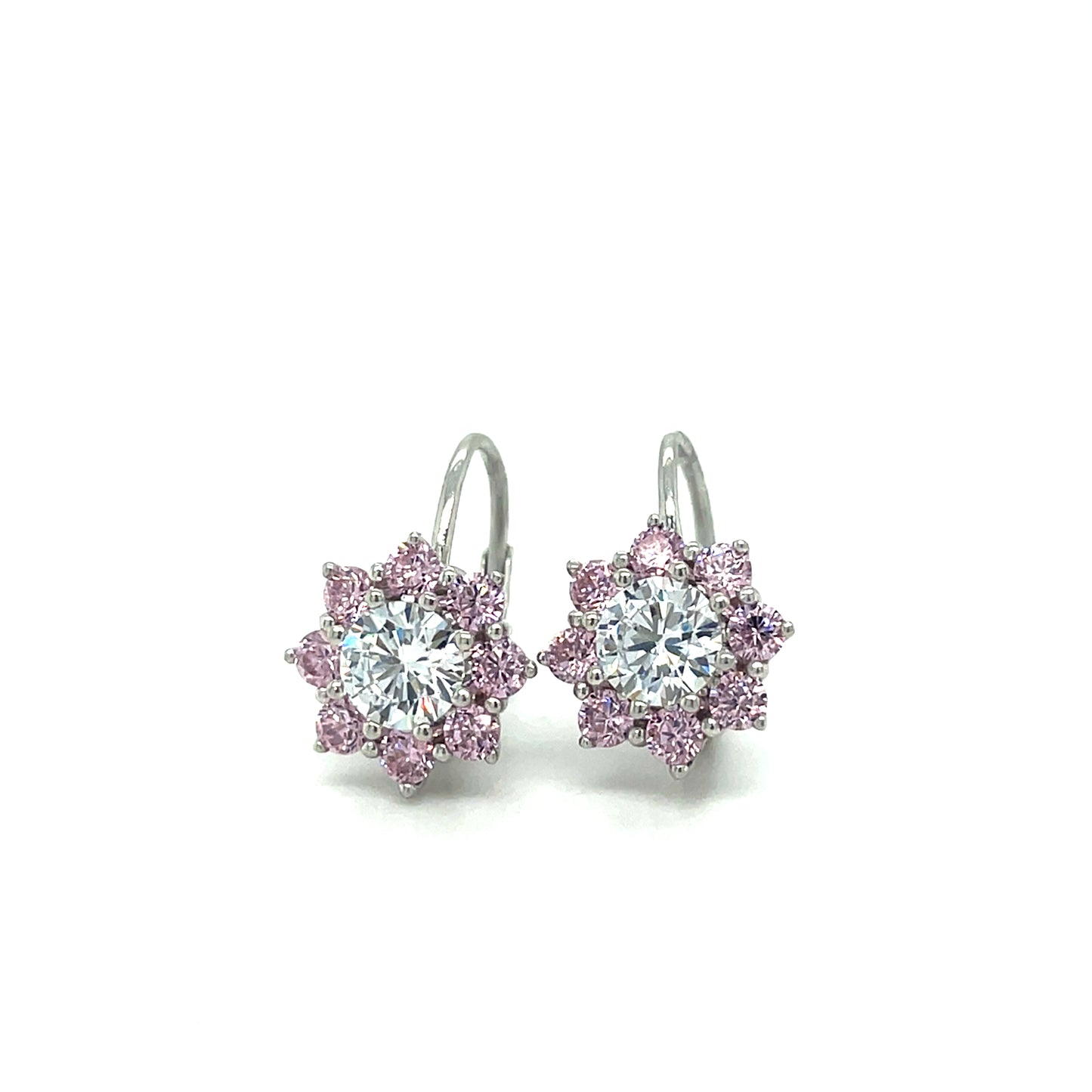 Sterling Silver Pink and WHite CZ Flower CLuster Huggie Earrings