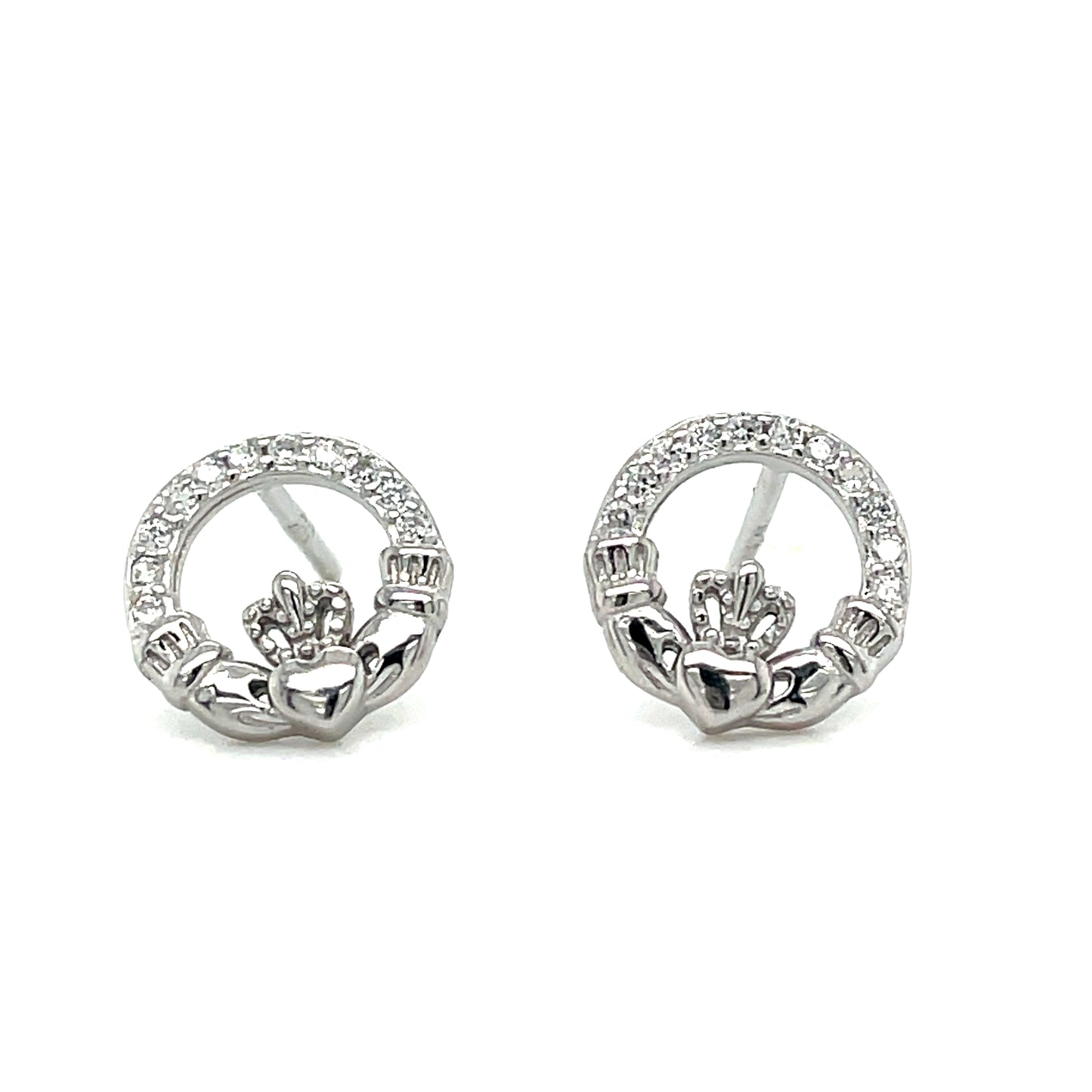 Sterling Silver Channel Set CZ Open Claddagh Earrings