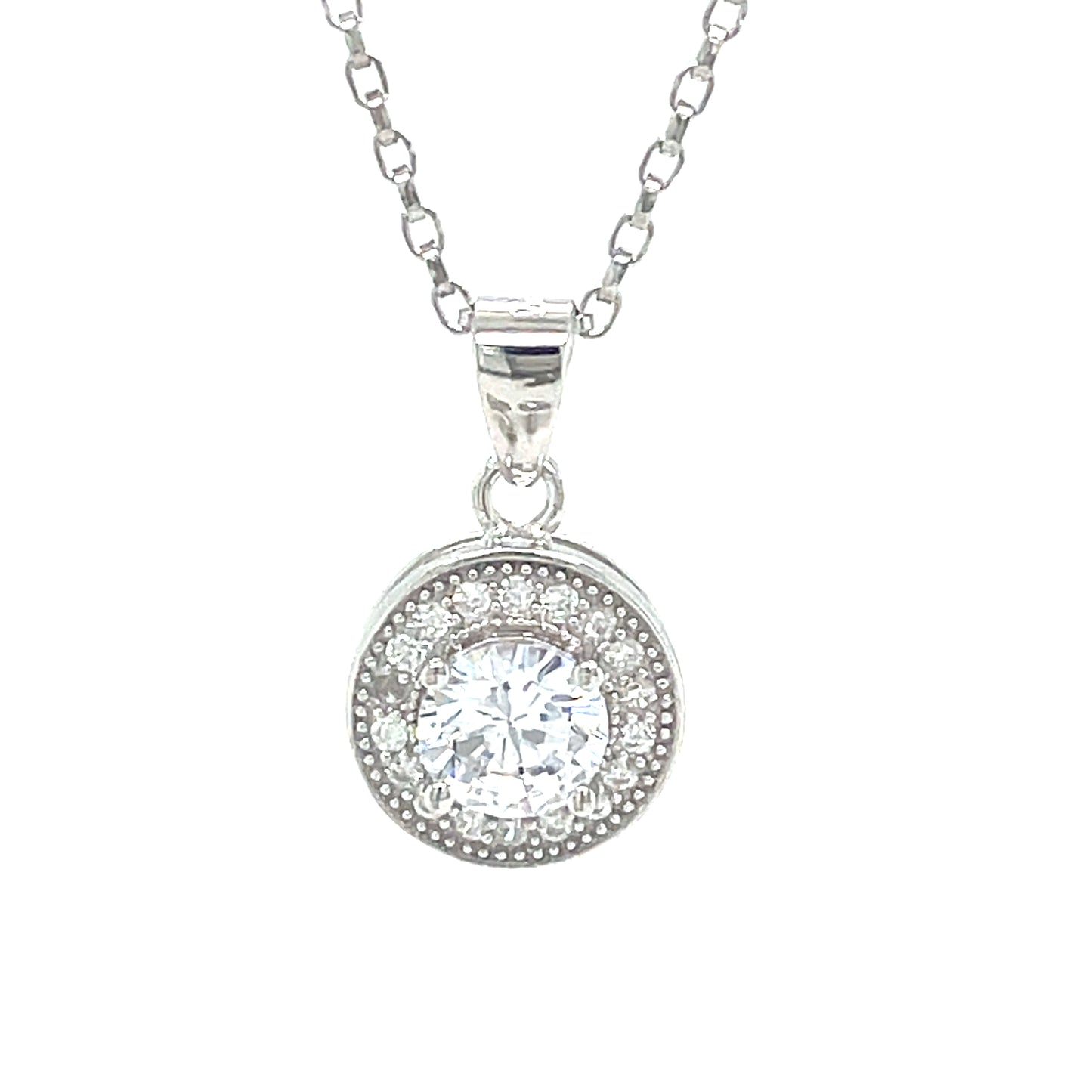 Sterling Silver Round CZ Milgrain Halo Pendant and Earring Set