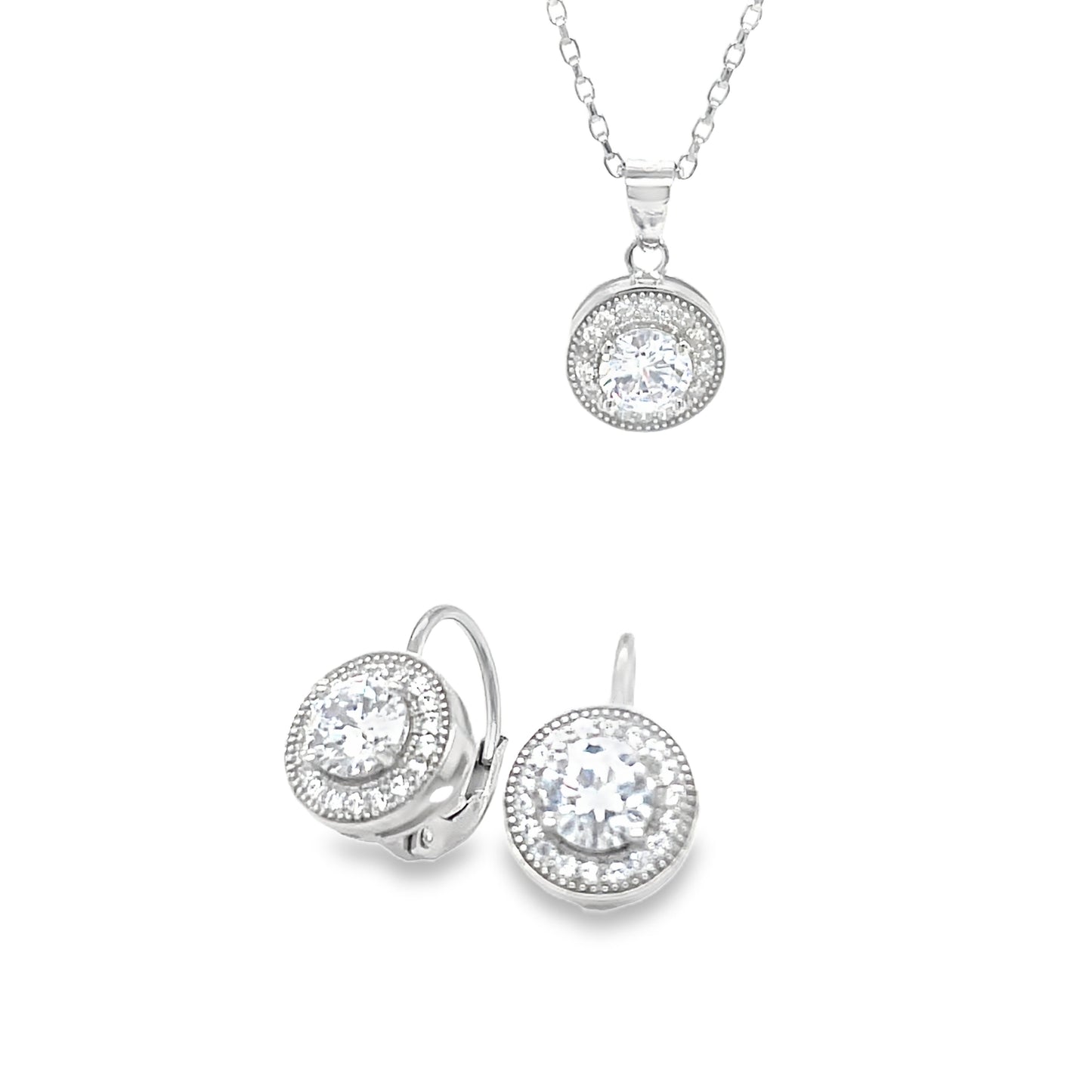 Sterling Silver Round CZ Milgrain Halo Pendant and Earring Set