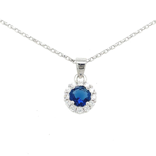 Sterling Silver Round Blue CZ with Halo Pendant and Earring Set