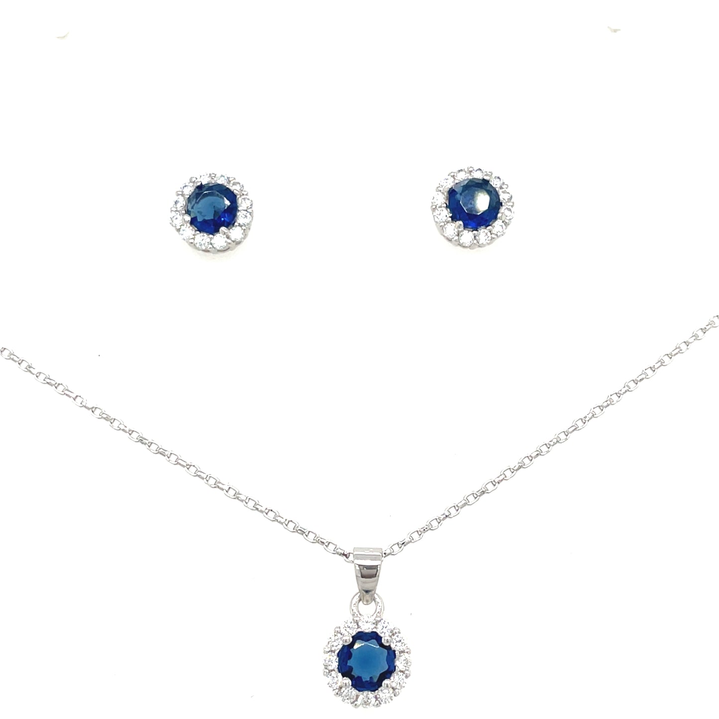 Sterling Silver Round Blue CZ with Halo Pendant and Earring Set