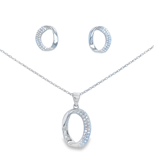 Sterling Silver Polished and CZ Open Twist Circle Earring and Pendant Set