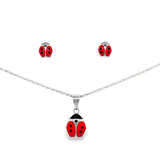 Sterling Silver Red Enamel Ladybird Pendant and Earring Set