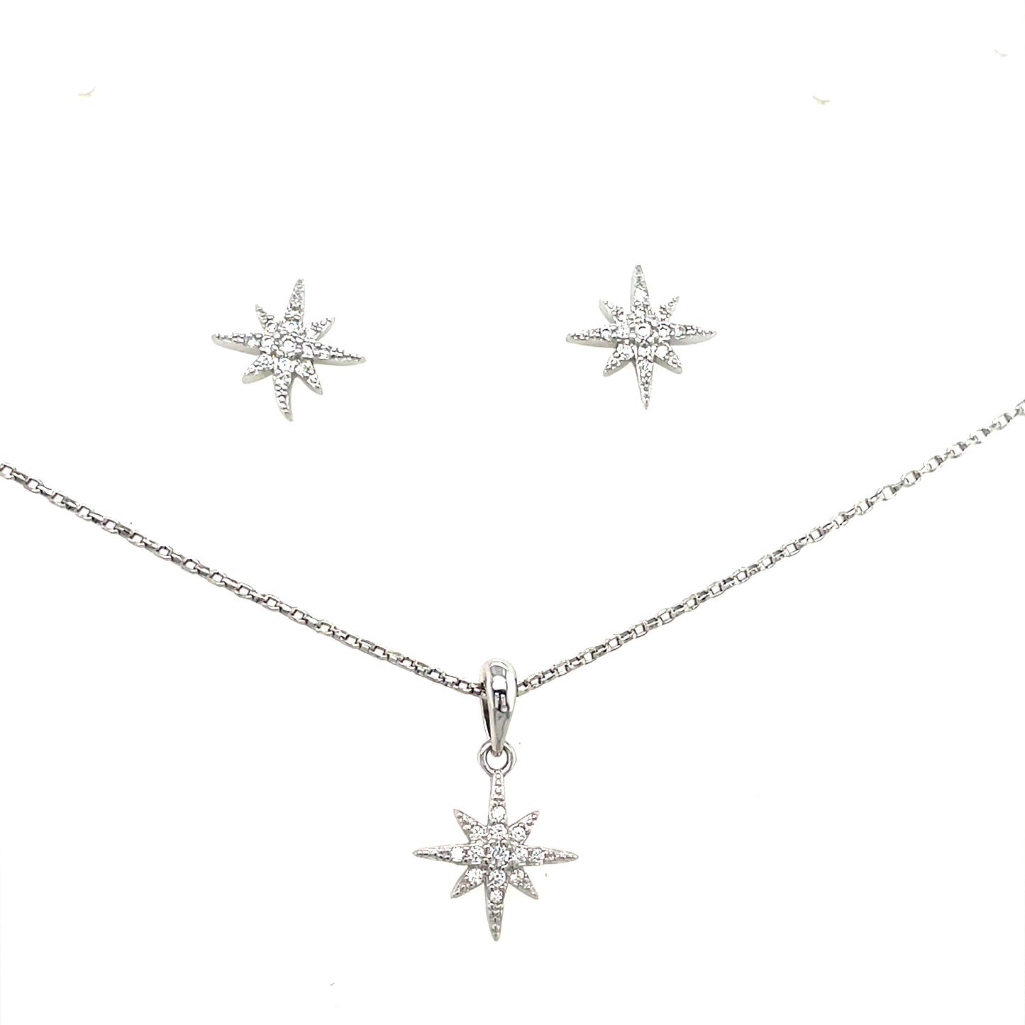 Sterling Silver CZ North Star Pendant and Earring Set