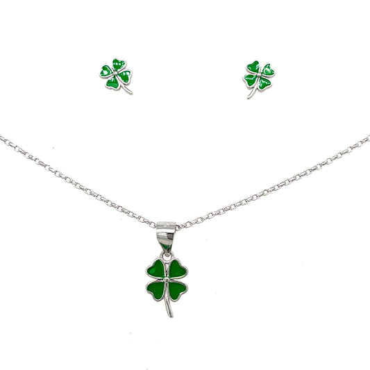 Sterling Silver Green Enamel Shamrock Pendant and Earring Set