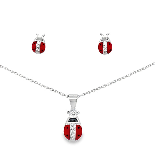 Sterling Silver CZ and Red Enamel Ladybird Pendant and Earring Set