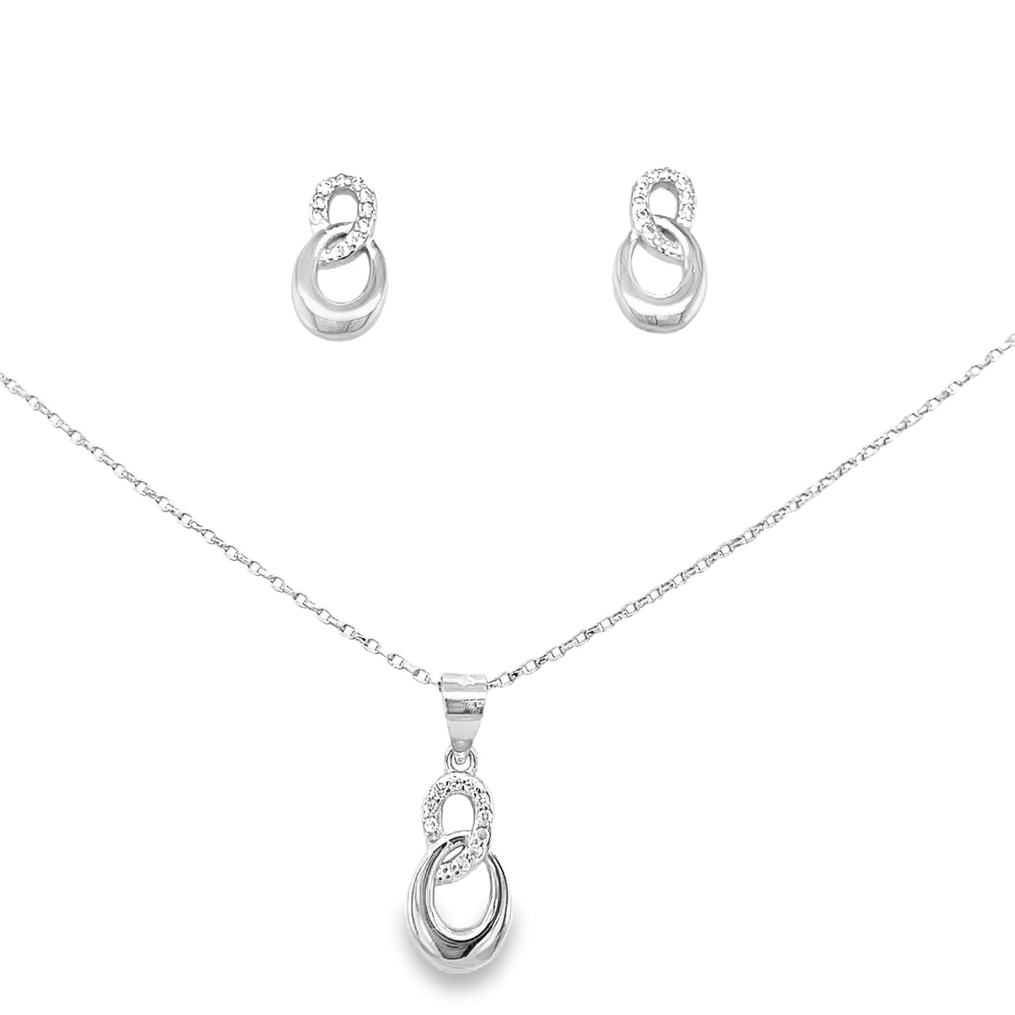 Sterling Silver Polished and CZ Open Double Oval Pendant and Earring Set