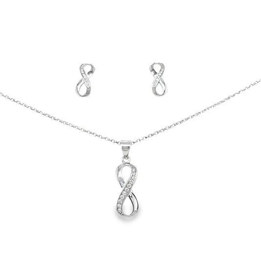 Sterling Silver CZ and Polished Infinity Pendant and Earring Set