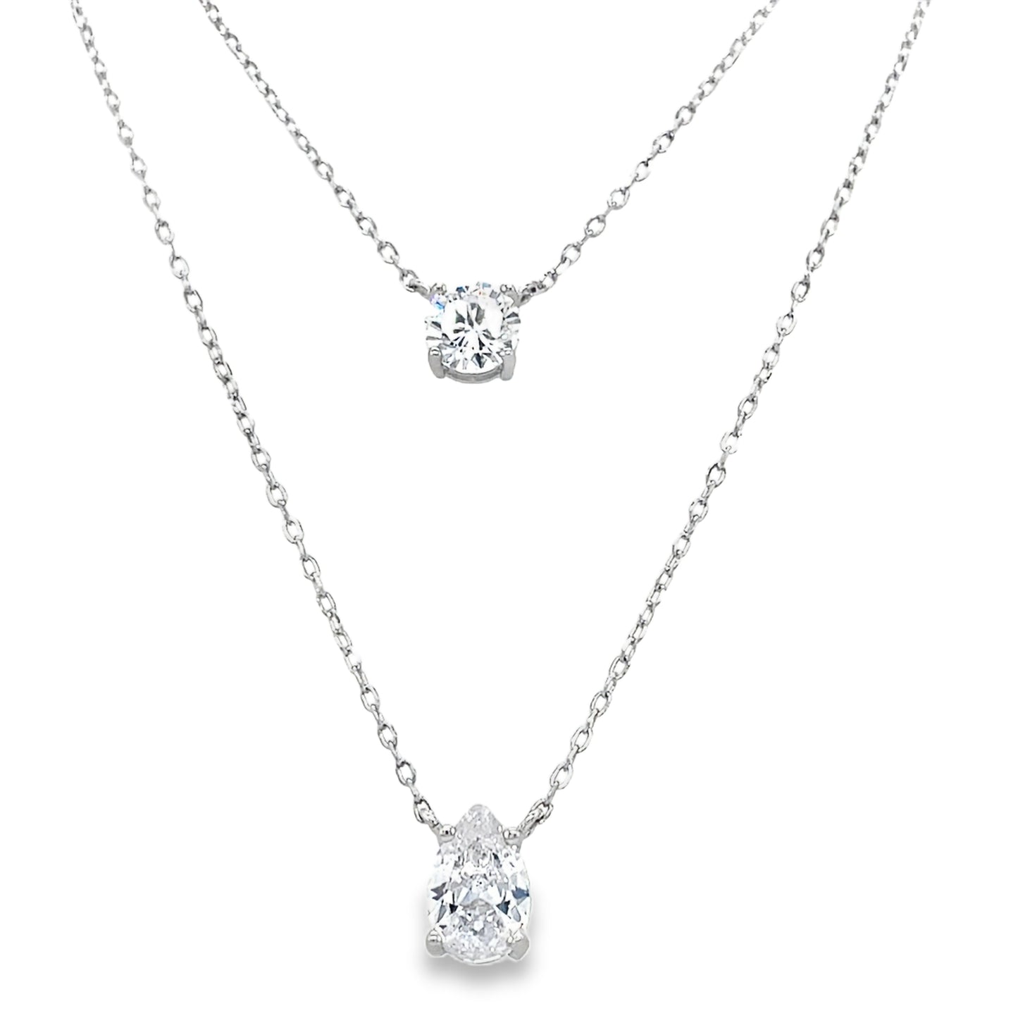Sterling Silver Round CZ Solitaire Earring and Layered Necklet Set