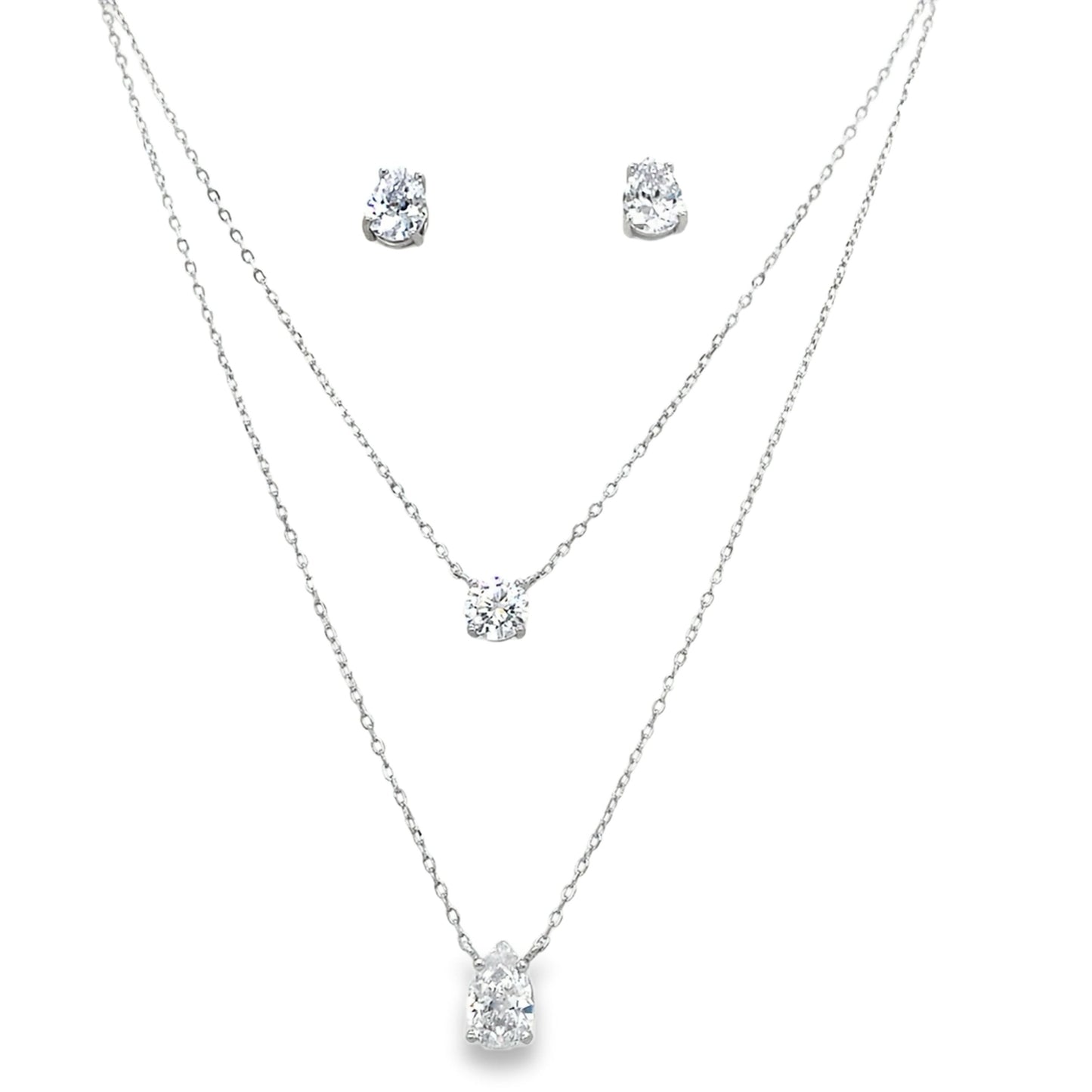 Sterling Silver Round CZ Solitaire Earring and Layered Necklet Set