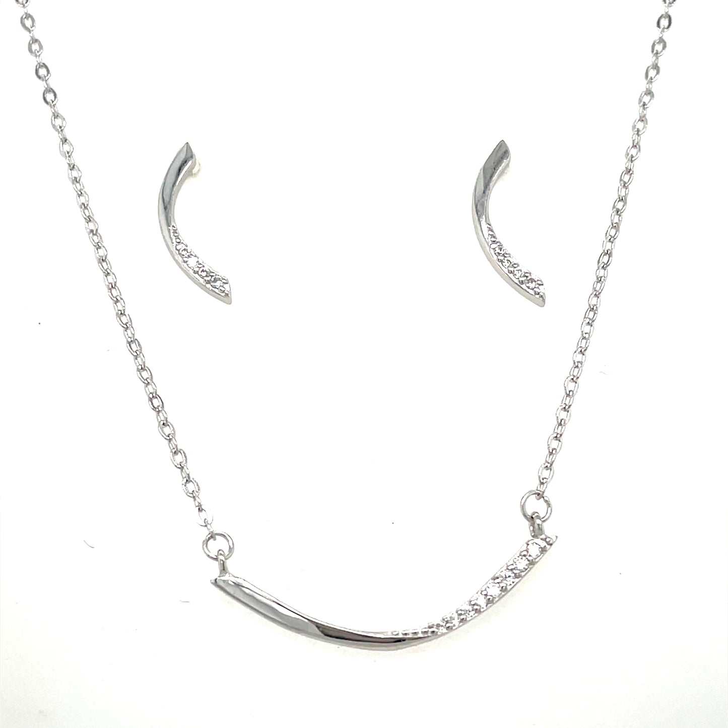 Sterling Silver Polished and CZ Curve Earring and Hammock Necklet Set