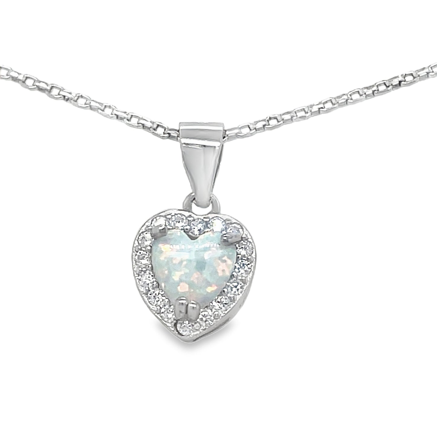 Sterling Silver Opal Heart and CZ Halo Pendant and Earring Set