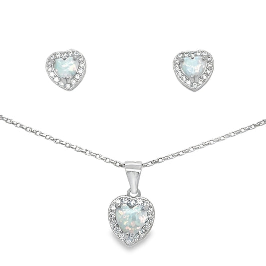 Sterling Silver Opal Heart and CZ Halo Pendant and Earring Set