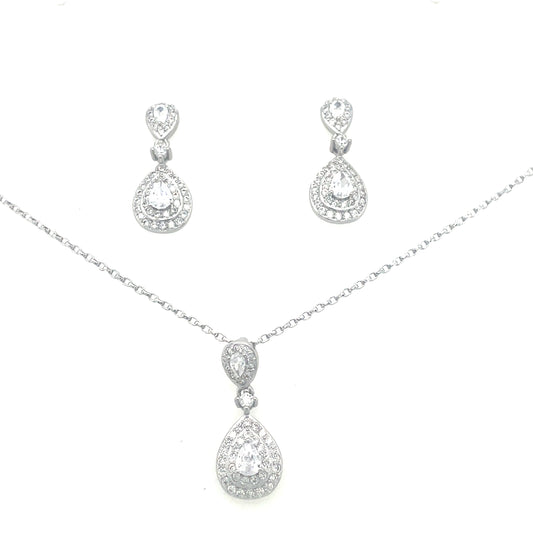 Sterling Silver Double Pear CZ Halo Drop Pendant and Earring Set