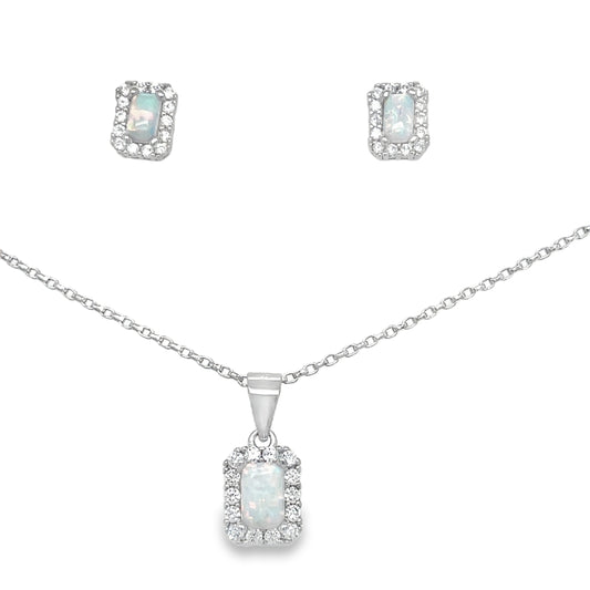 Sterling Silver Emerald Cut Opal and CZ Halo Pendant and Earring Set