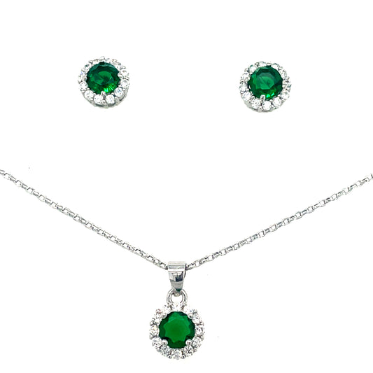 Sterling Silver Round Green CZ and Halo Pendant and Earring Set