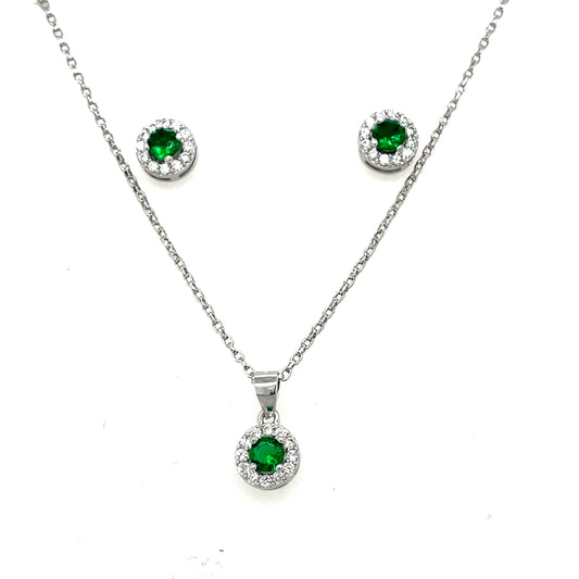 Sterling Silver Green and CZ Round Cluster Stud Earring and Pendant Set