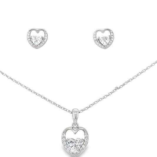 Sterling Silver Open CZ Heart Pendant and Earring Set