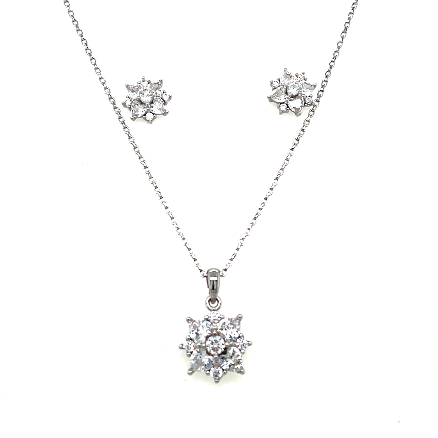 Sterling Silver CZ Flower Cluster Pendant and Earring Set