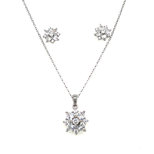 Sterling Silver CZ Flower Cluster Pendant and Earring Set