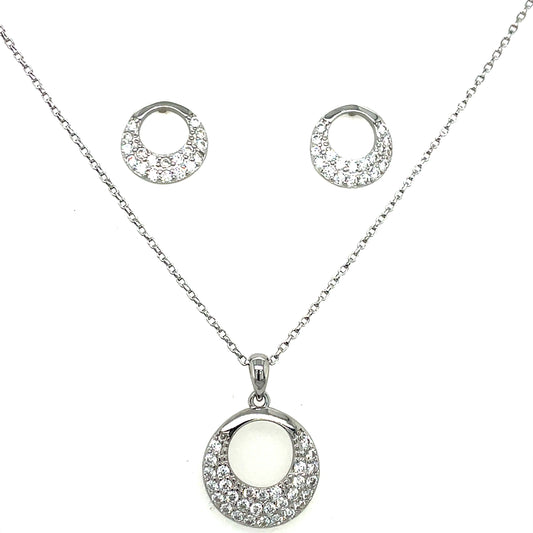 Sterling Silver Open Polished and CZ Circle Pendant and Earring Set