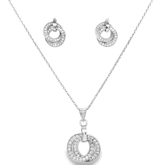 Sterling Silver Open CZ Double Circle Pendant and Earring Set