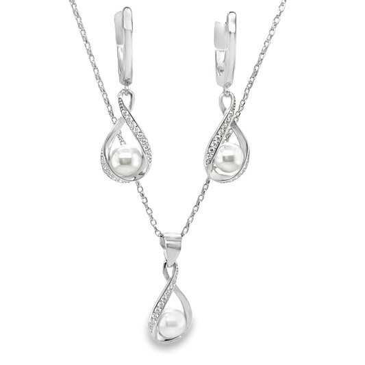 Sterling Silver Open Twist CZ and Pearl Centre Pendant and Earring Set