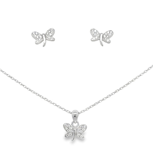 Sterling Silver Pave CZ Dragonfly Pendant and Earring Set