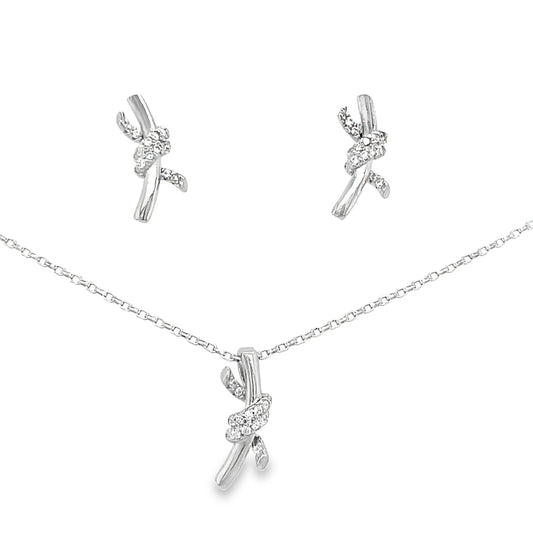 Sterling Silver CZ and Polished Bow Knot Pendant and Earring Set