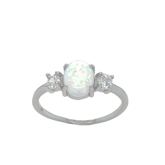 Sterling Silver Round Opal Ring with CZ Shoulders