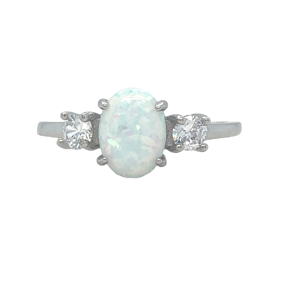 Sterling Silver Round Opal Ring with CZ Shoulders