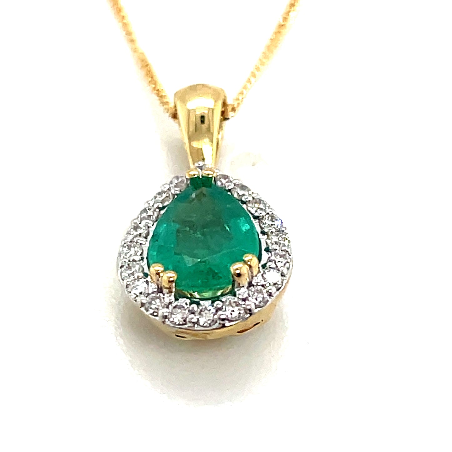 9ct Emerald & Diamond Pear Halo Pendant .10ct