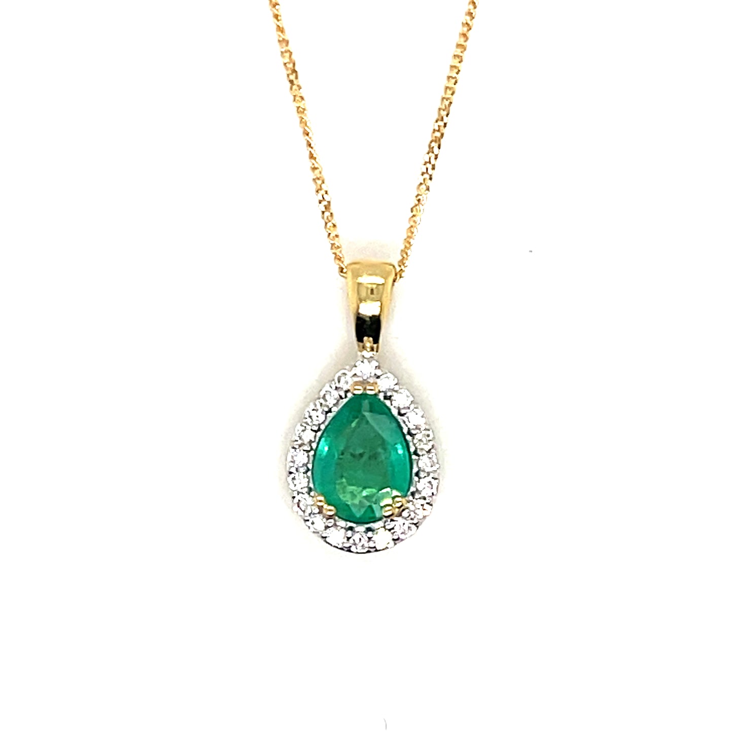9ct Emerald & Diamond Pear Halo Pendant .10ct