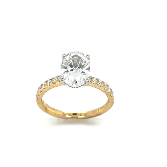 18ct Oval Solitaire Cultured Diamond Ring with Cultured Diamond Set Shoulders and Gallery 2.48ct