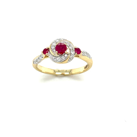 9ct Yellow Gold Ruby and Diamond Swirl Ring .22ct