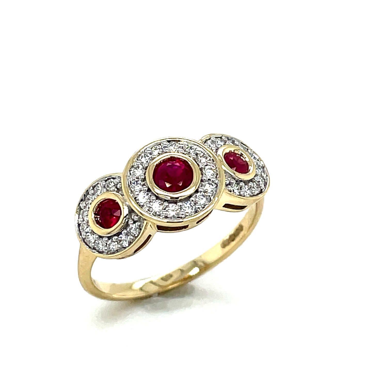 9ct Yellow Gold Three Stone Rubover Set Ruby and Diamond Cluster Ring .25ct