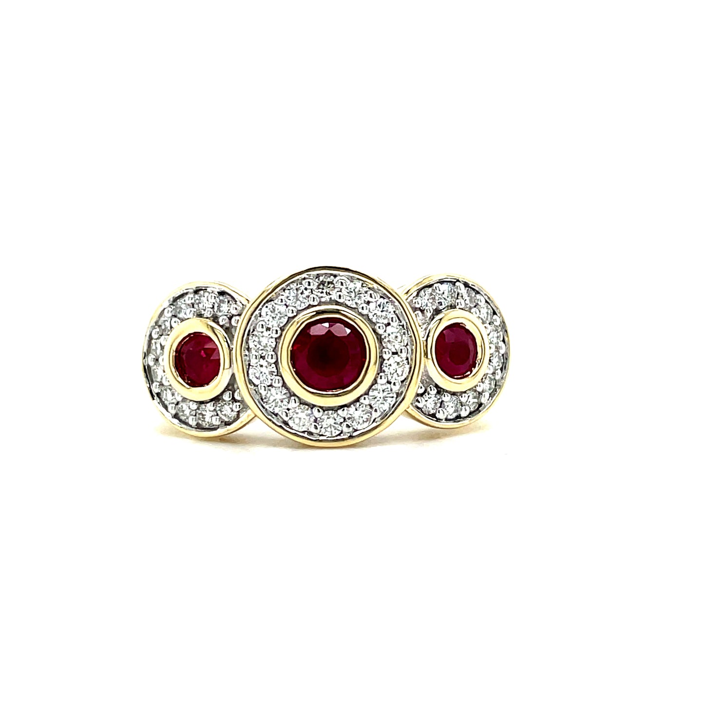 9ct Yellow Gold Three Stone Rubover Set Ruby and Diamond Cluster Ring .25ct