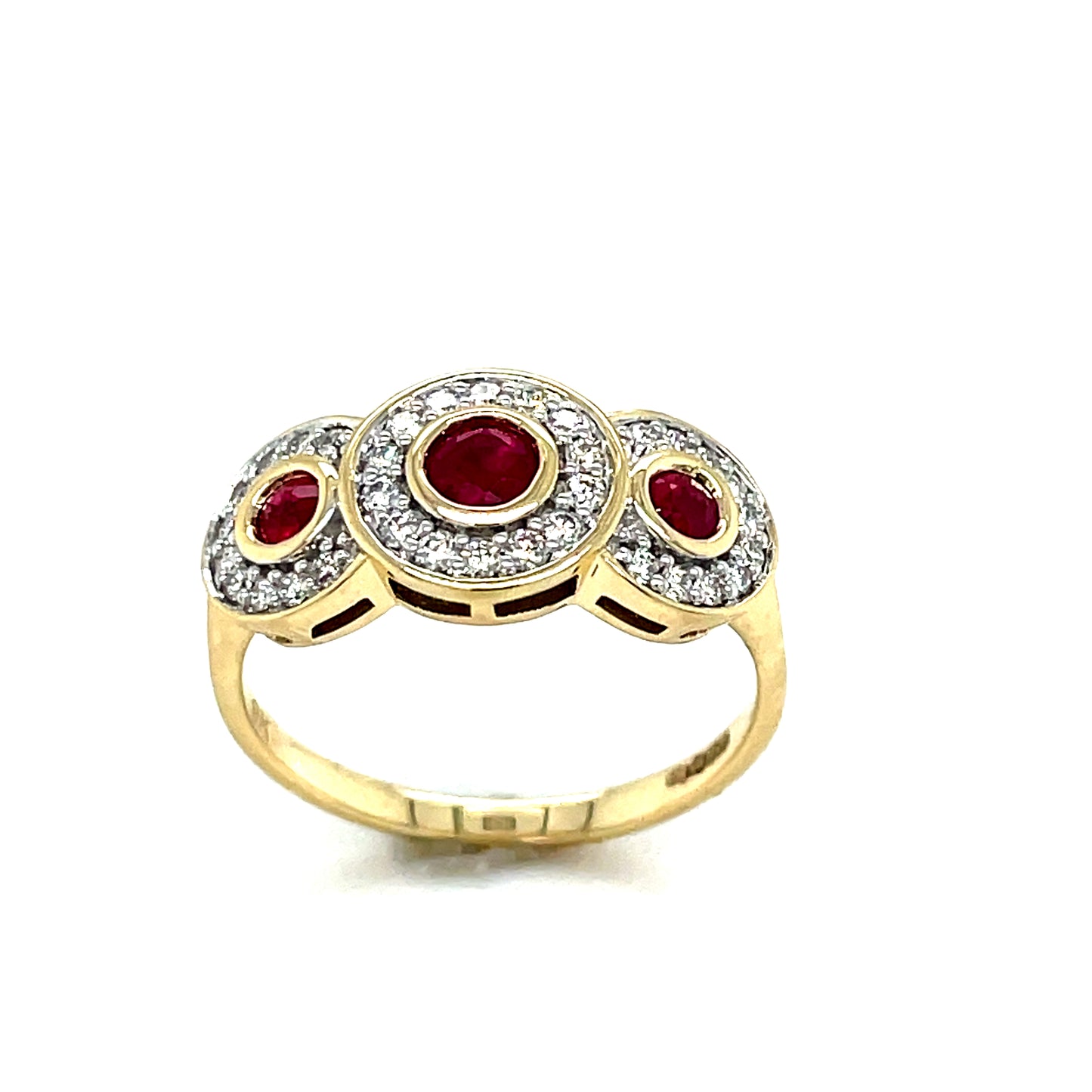 9ct Yellow Gold Three Stone Rubover Set Ruby and Diamond Cluster Ring .25ct