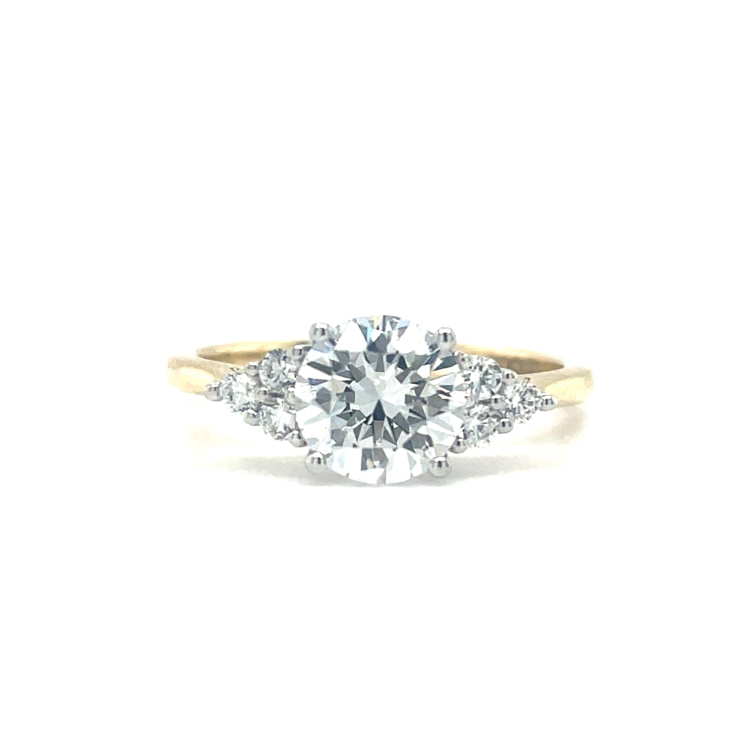 9ct Yellow Gold Round CZ Ring with Three Stone CZ Shoulders