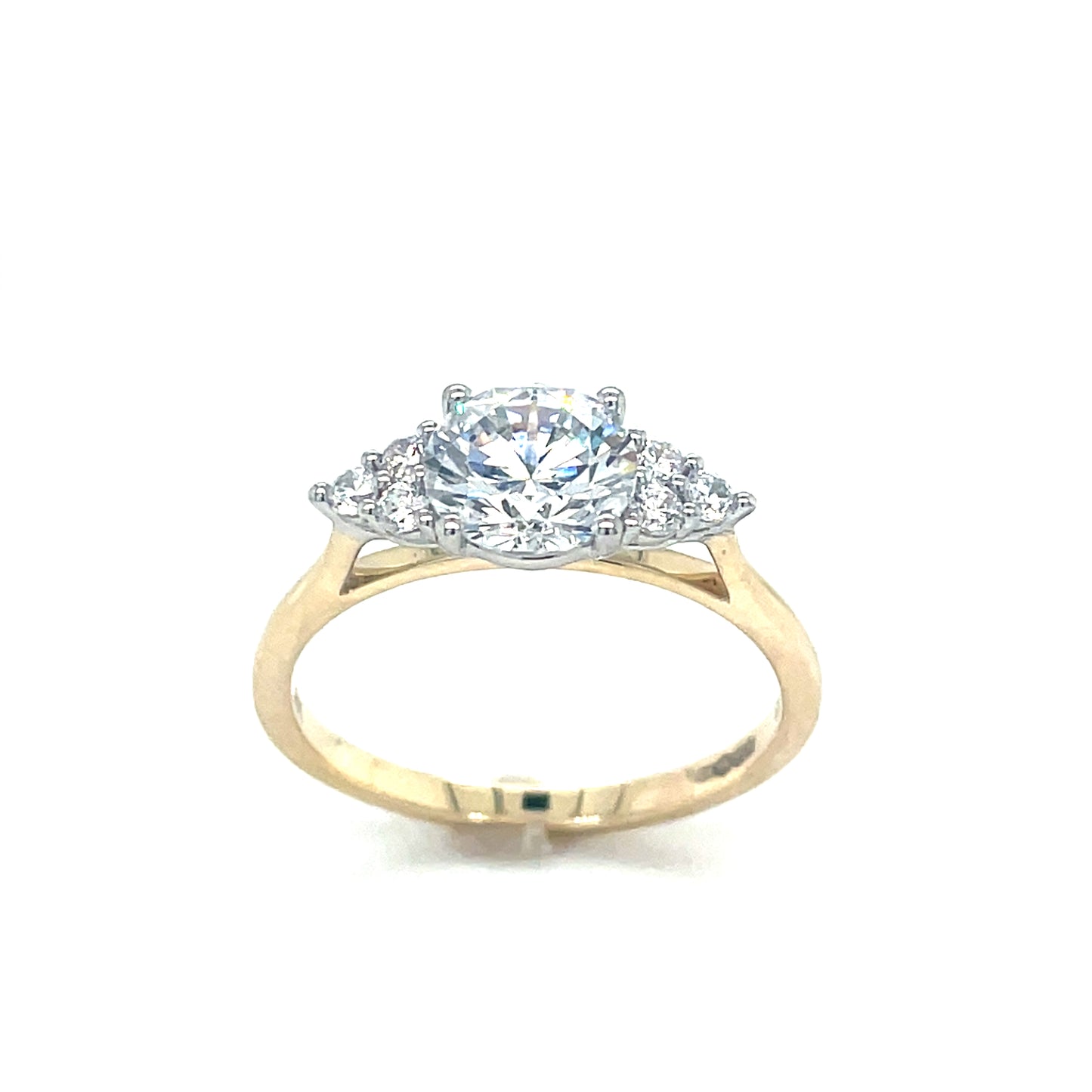 9ct Yellow Gold Round CZ Ring with Three Stone CZ Shoulders